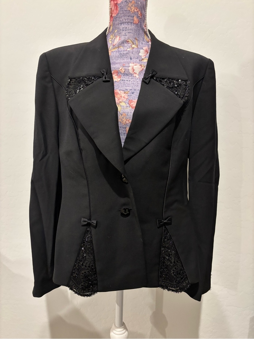 Escada Couture Black Women's Tailored Blazer with Lace and Bow Insets